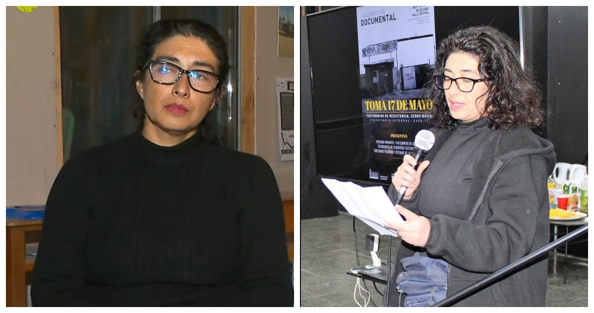 Gloria Soto en el reportaje, y una fotografía en la que participa de una charla bajo el “alias” de Gloria Bascuñán.