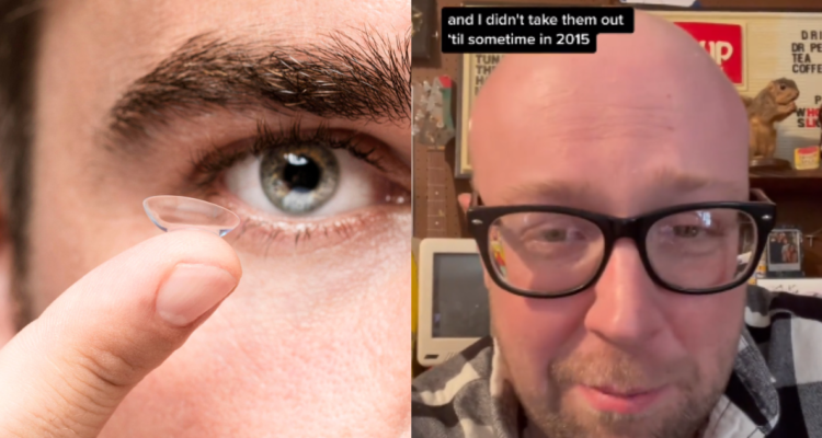 imagen referencial de hombre usando lentes de contacto (izquierda) y el hombre en cuestión que los usó por 3 años seguidos (derecha)