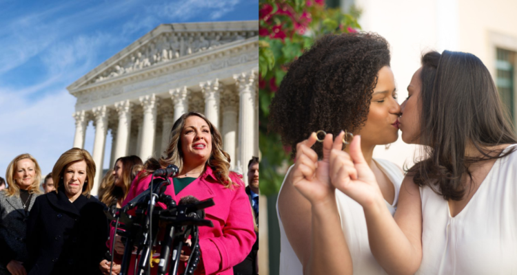 Lorie Smith, diseñadora web evangélica (izquierda) y pareja homosexual en su boda (derecha)