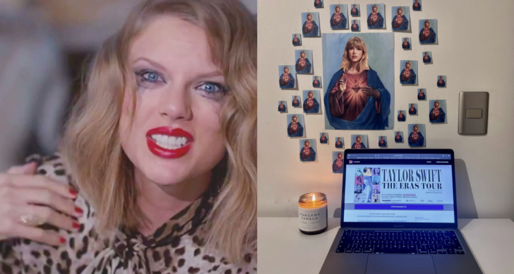 Taylor Swift en el video de Blanck Space (izquierda) y memes de un altar de la artista por la venta de entradas de su show en Argentina
