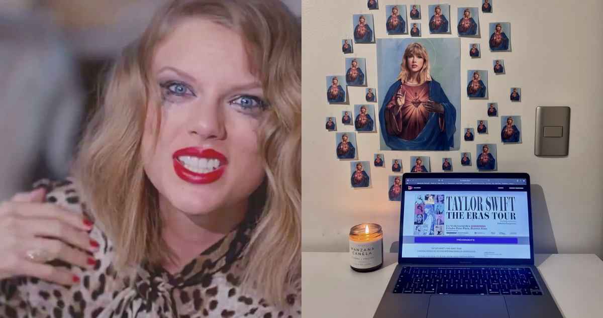 Taylor Swift en el video de Blanck Space (izquierda) y memes de un altar de la artista por la venta de entradas de su show en Argentina