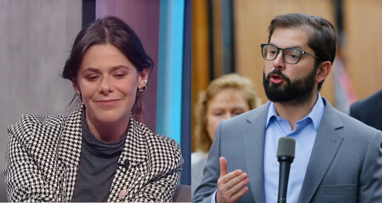 Montserrat Ballarín hablando de su amistad con Gabriel Boric. A su lado, el Presidente dando un discurso.