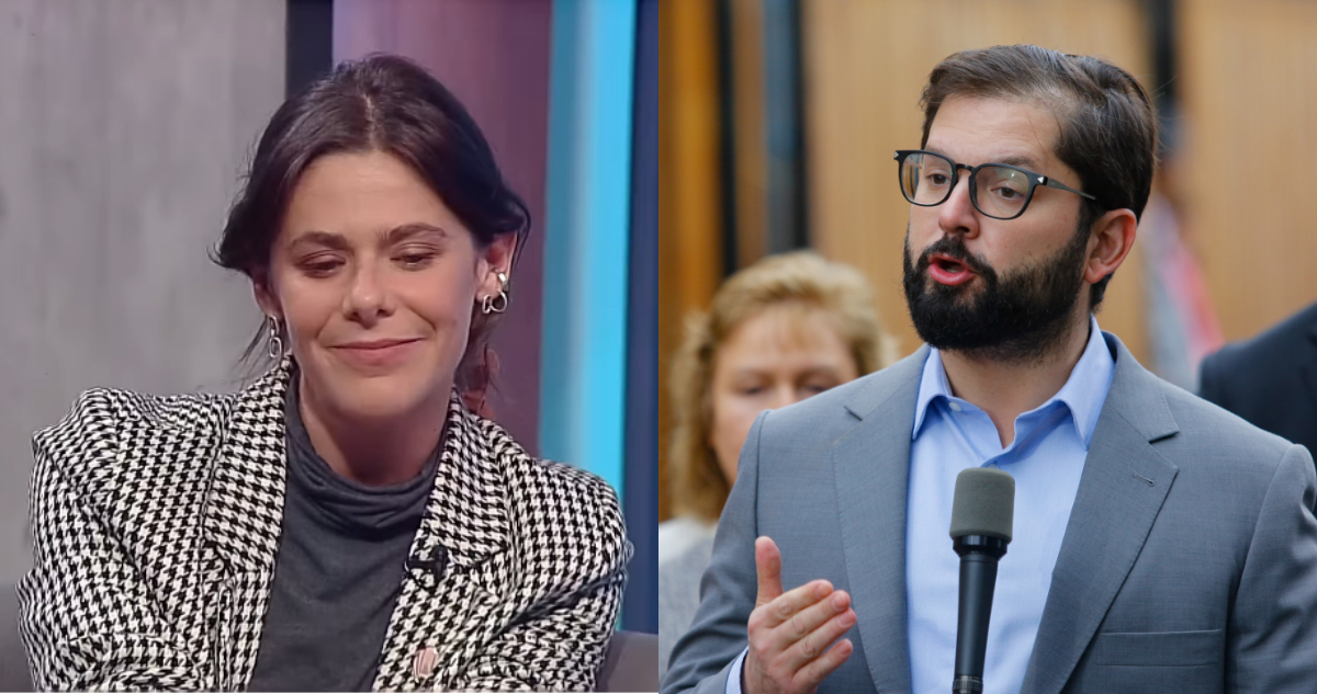 Montserrat Ballarín hablando de su amistad con Gabriel Boric. A su lado, el Presidente dando un discurso.