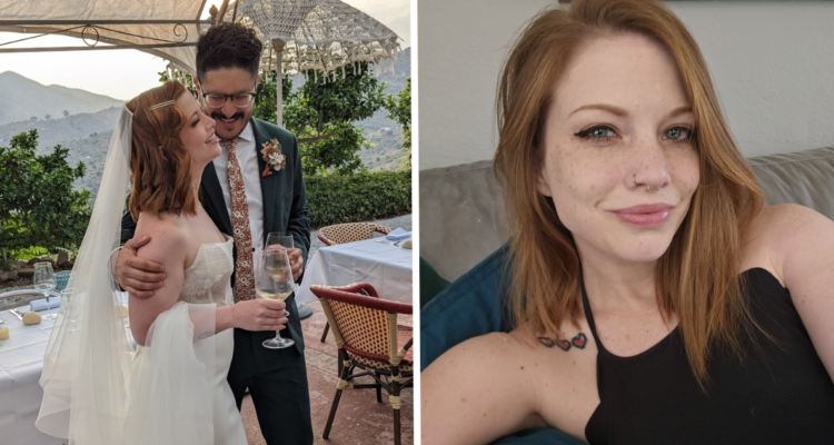 Jill Sennett y Casey Serrano en su matrimonio luego de que la mujer pidiera un novio en Twitter