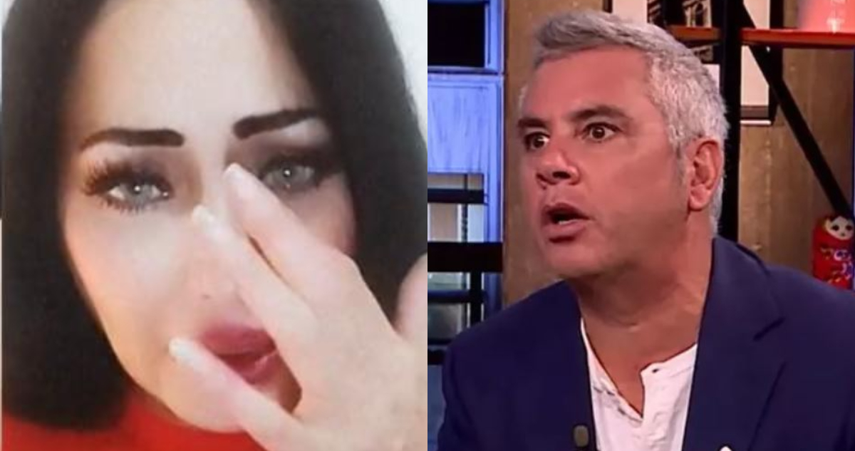La modelo Nidyan Fabregat llorando. A su lado, José Miguel Viñuela hablando en Tal Cual.