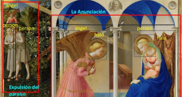 La obra de arte La Anunciación de Fra Angelico, pintor del Quattrocento que da nombre al proyecto, analizada por el sistema de inteligencia artificial de reconocimiento de objetos en pinturas.