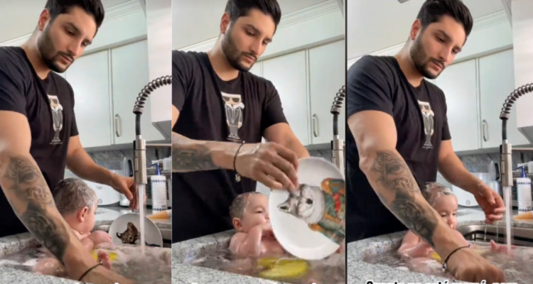 Papá lava platos y baña hijo