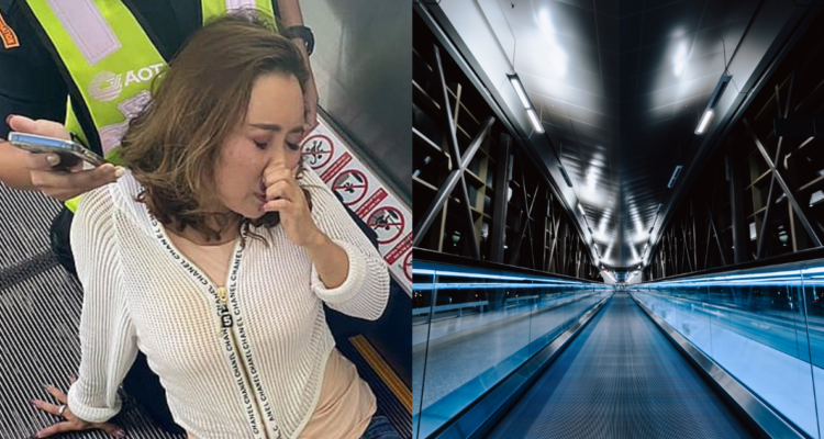 Turista atrapada (izquierda) en pasarela mecánica del aeropuerto de Tailandia (derecha)