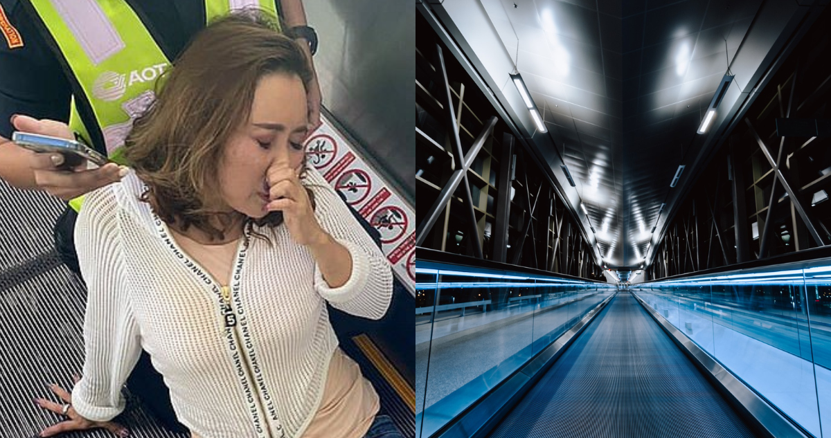 Turista atrapada (izquierda) en pasarela mecánica del aeropuerto de Tailandia (derecha)