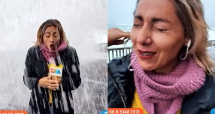 La periodista de Tu Día siendo mojada por una ola.