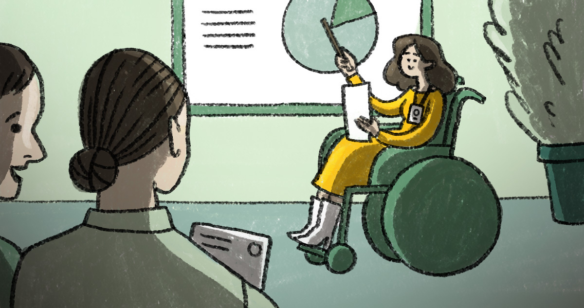 Ilustración de una funcionaria de la oficina presentando un trabajo en una silla de ruedas