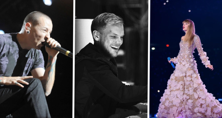 Chester Bennington (izquierda); Avicii (centro); y Taylor Swift (izquierda) en referencia a los fánaticos más tristes y felices según bandas y artistas