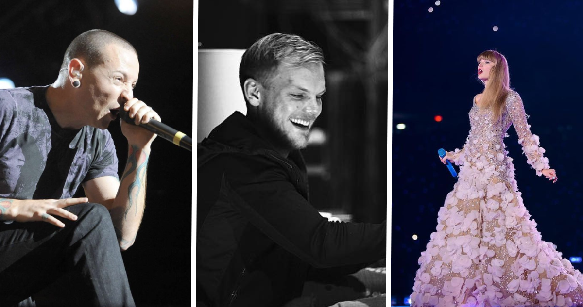 Chester Bennington (izquierda); Avicii (centro); y Taylor Swift (izquierda) en referencia a los fánaticos más tristes y felices según bandas y artistas