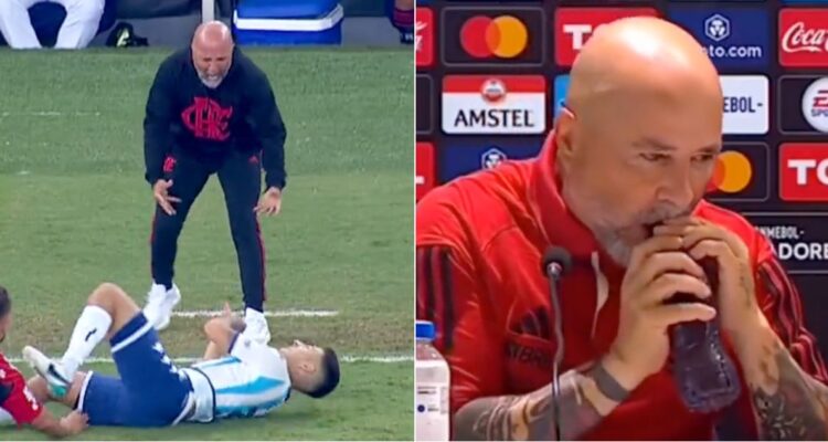 El show de Sampaoli en el Maracaná: le grita a jugador de Racing y sufre con botella en conferencia