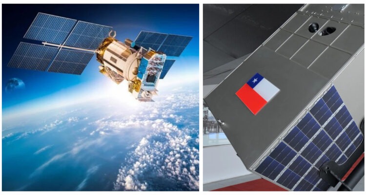 Una representación artística de FASat-Delta en órbita, y una fotografía del satélite chileno.