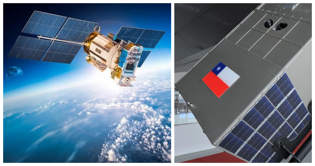 Una representación artística de FASat-Delta en órbita, y una fotografía del satélite chileno.