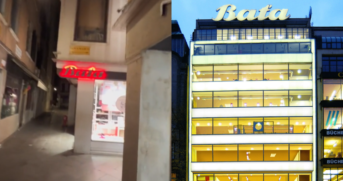 Tienda Bata en Venecia (izquierda) y en la empresa ubicada en Praga, Checoslovaquia (derecha)