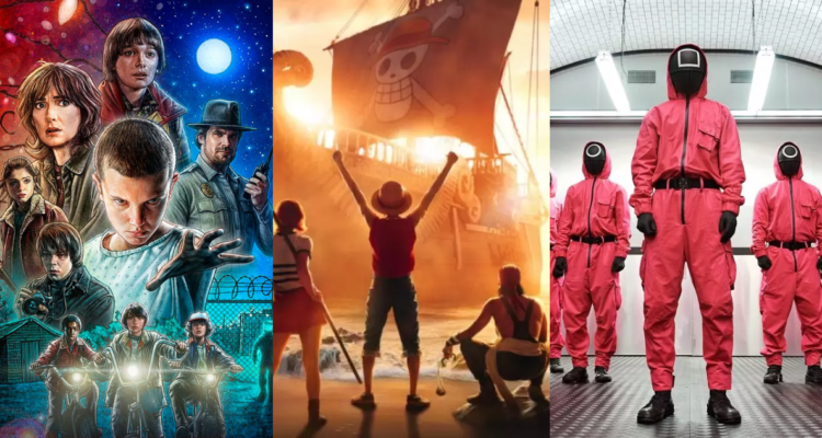 Poster de Stranger Things (izquierda), Live action de One Piece (centro) y del Juego del Calamar (derecha) sobre las novedades de Tudum de Netflix