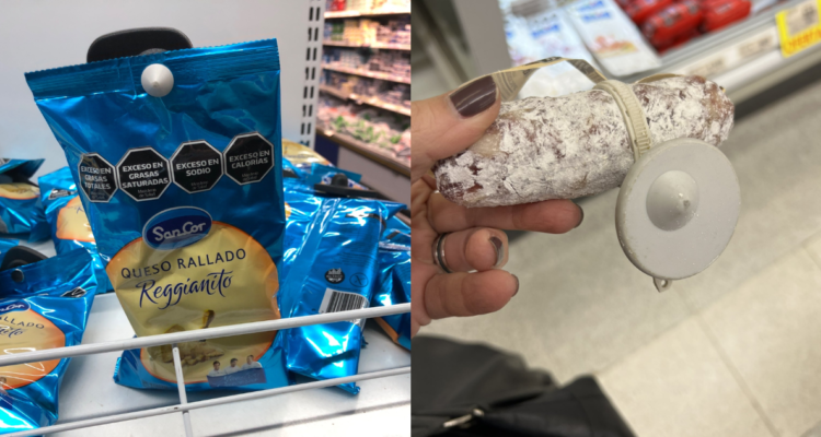 Fotografía de queso rallado y salame con alarma en supermercado de Argentina