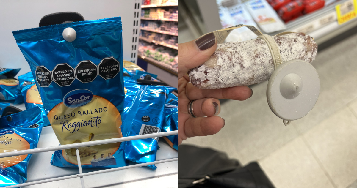 Fotografía de queso rallado y salame con alarma en supermercado de Argentina