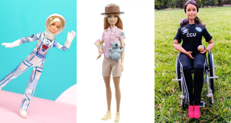 Barbie astronauta (izquierda), zoóloga (centro) y paralímpica (derecha) en referencia a Barbie inspiradoras