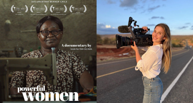 Poster del documental Powerful Woman (izquierda) y de Belén Soto como directora de este (derecha)