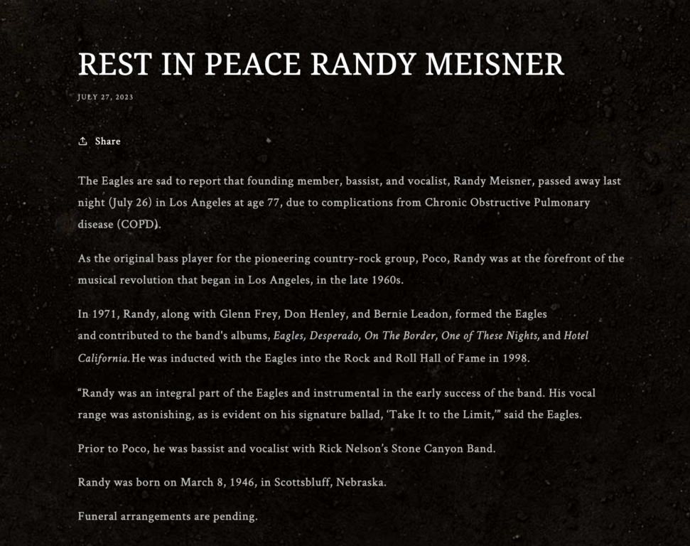 Comunicado de la muerte de Randy Meisner 