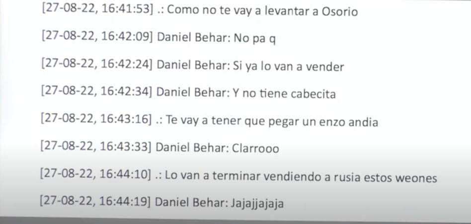 conversación entre Ossandón y Behar sobre Darío Osorio