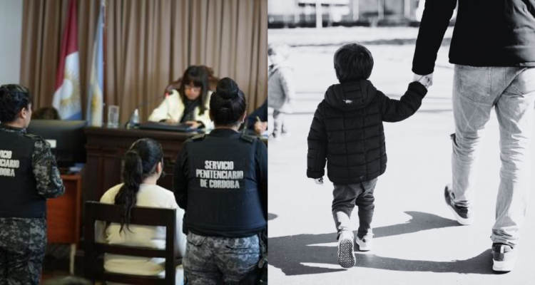 Fotografía de la audiencia en Argentina por el crimen de Emiliano (izquierda) y un padre con su hijo en referencia al delito (derecha)