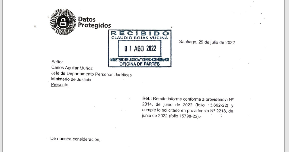 Captura de pantalla | Informe enviado por Fundación Datos Protegidos al jefe del Departamento de Personas Jurídicas del Ministerio de Justicia y Derechos Humanos. Edición: Radio Bío Bío Santiago.