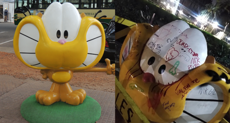 Fotografías de la escultura de Gaturro antes y después de ser vandalizada en Argentina