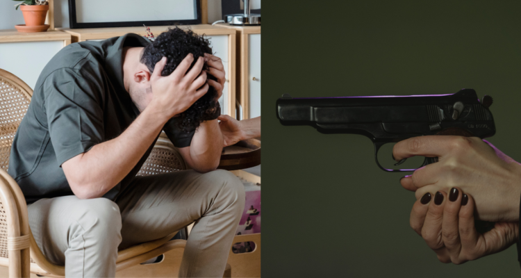 Hombre con dolor de cabeza (izquierda) y persona sosteniendo un arma (derecha) en referencia a hombre que confundió dolor de cabeza con una bala alojada