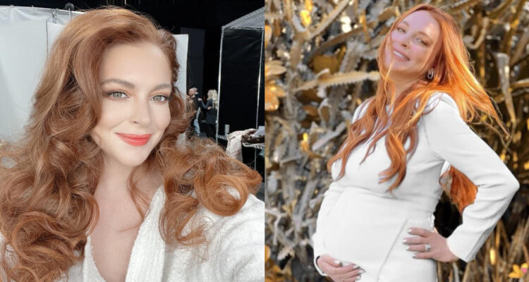 La actriz Lindsay Lohan posando durante su embarazo de su primer hijo.