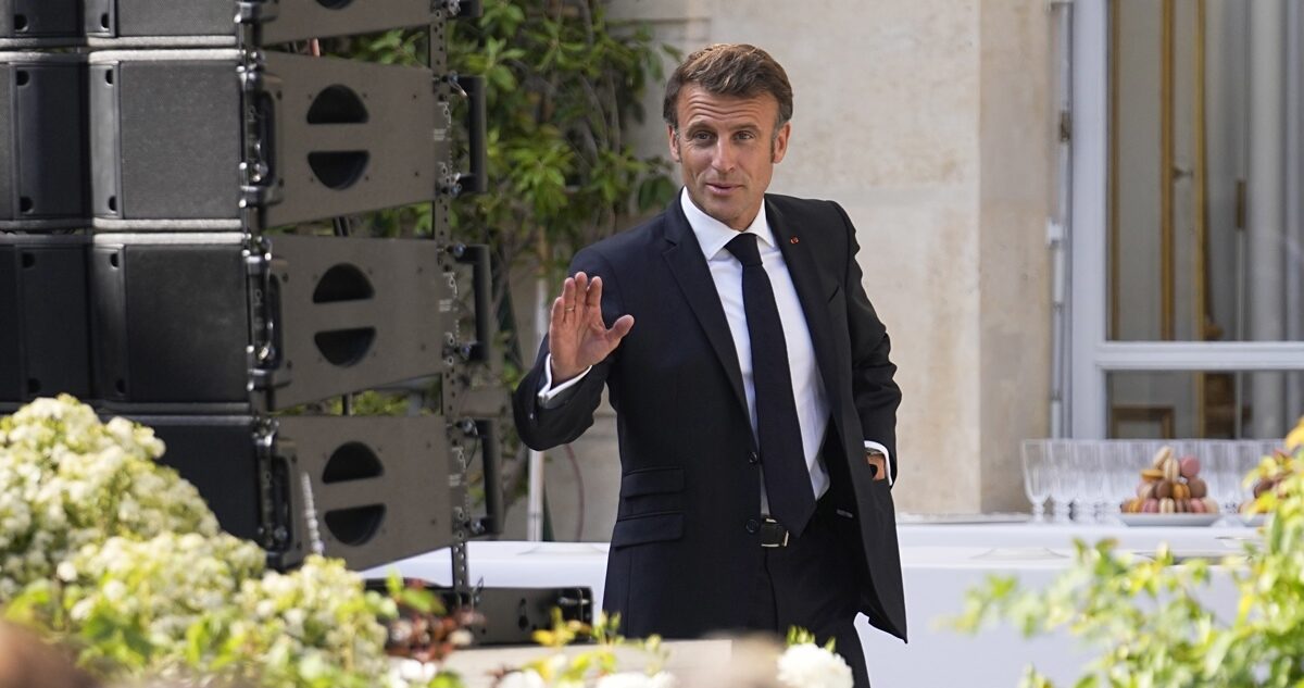 French President Emmanuel Macron arrives to inaugurates an exhibition dedicated to produces made in France, at the Elysee palace in Paris, France, 30 June 2023.