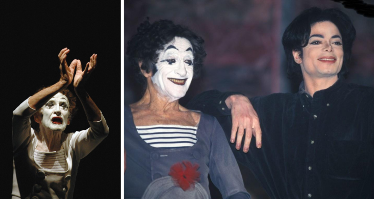 Marcel Marceau en una actuación en Cuba dos años antes de morir (Izquierda) y el mimo junto a Michael Jackson (derecha)