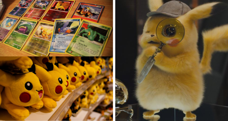 Izquierda superior: colección de cartas pokemon, izquierda inferior: peluches de pikachu, derecha: escena de Pokemon Detective Pikachu