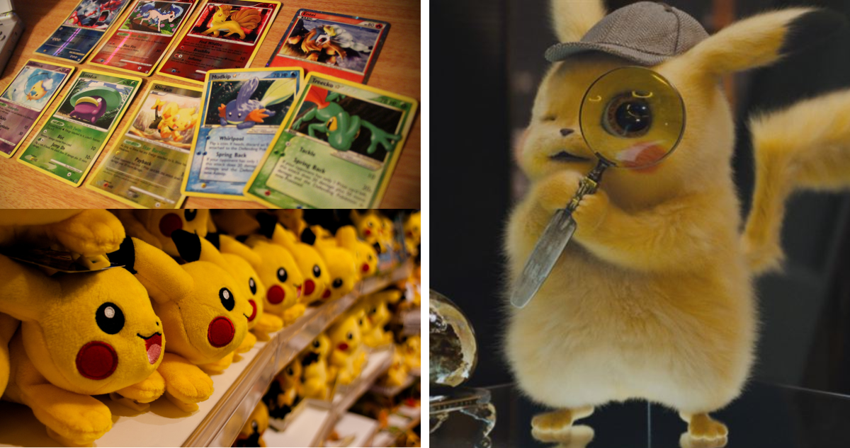 Izquierda superior: colección de cartas pokemon, izquierda inferior: peluches de pikachu, derecha: escena de Pokemon Detective Pikachu