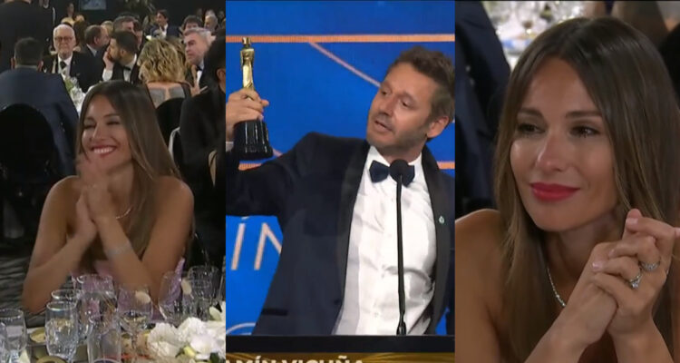 Benjamín Vicuña celebrando su premio a Mejor Actor. A su lado, la reacción de Pampita por su nuevo logro.