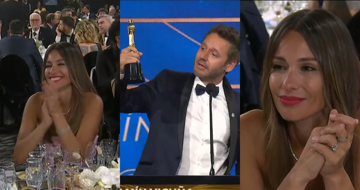 Benjamín Vicuña celebrando su premio a Mejor Actor. A su lado, la reacción de Pampita por su nuevo logro.