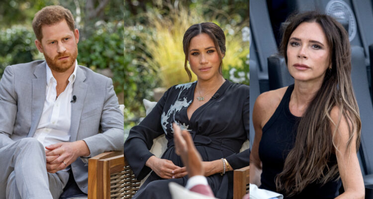 El príncipe Harry con Meghan Markle en una netrevista. A su lado, Victoria Beckham.