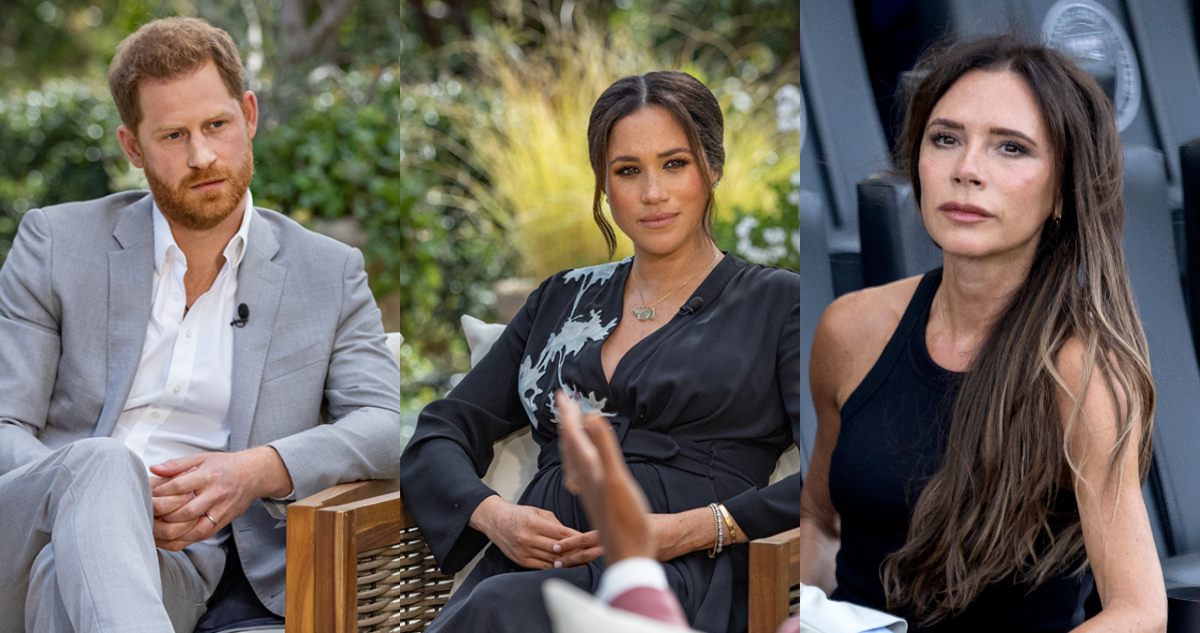 El príncipe Harry con Meghan Markle en una netrevista. A su lado, Victoria Beckham.