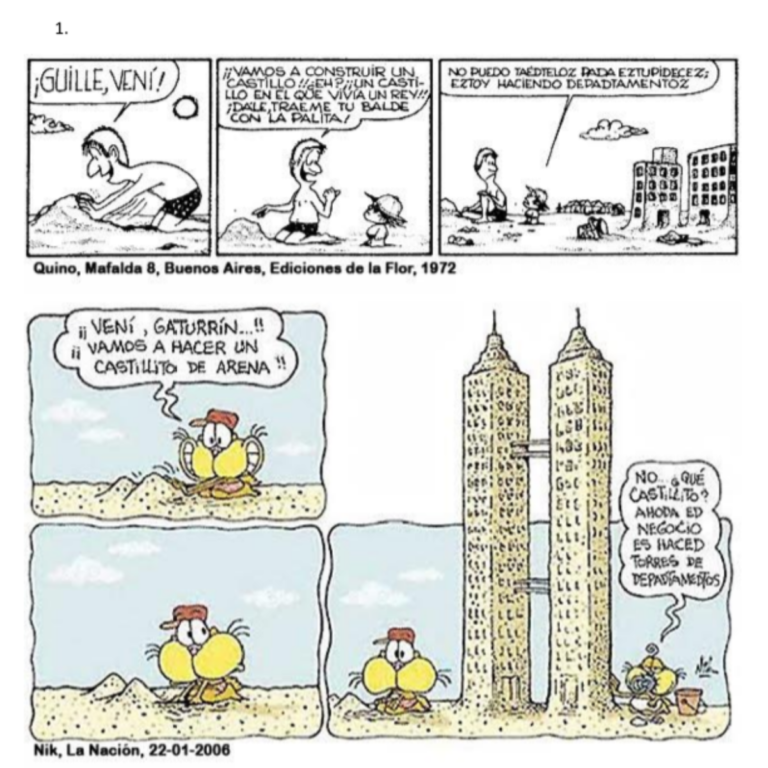 Caricatura de Quino (arriba) y comic de Nik (abajo) 
