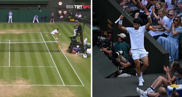 Carlos Alcaraz impactó con un punto por afuera de la red en Wimbledon.