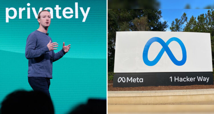 A la izquierda, Mark Zuckerberg, a la derecha, logo de Meta a la entrada de las instalaciones de la compañía