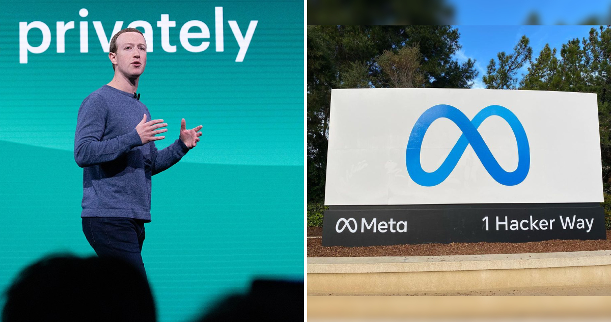 A la izquierda, Mark Zuckerberg, a la derecha, logo de Meta a la entrada de las instalaciones de la compañía