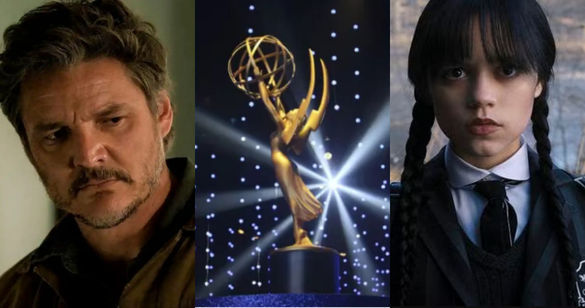 Pedro Pascal en la serie The Last of Us. A su lado, el trofeo de los premios Emmy y finalmente Jenna Ortega como Merlina.