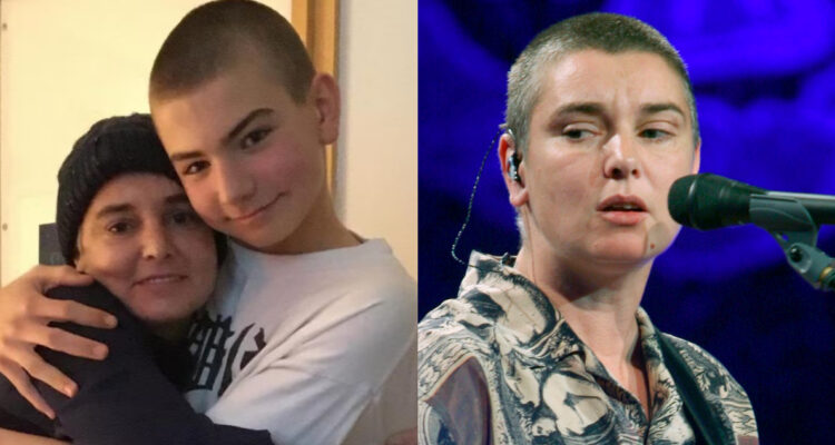 Sinéad O’Connor abrazando a su hijo menor. A su lado, la artista en un concierto.