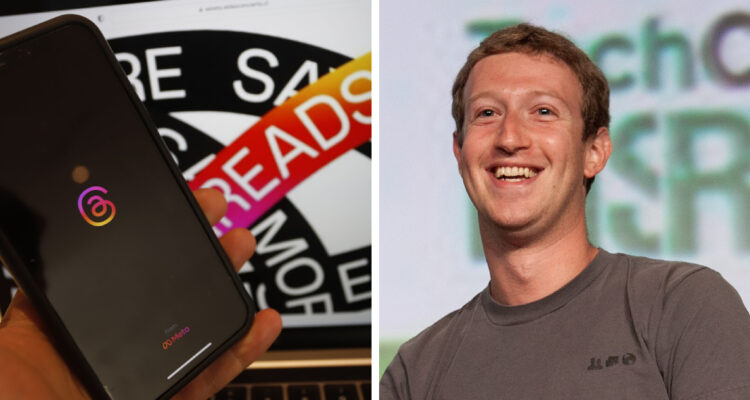 Una mano sosteniendo un celular con la aplicación Threads. Al lado, una foto de Mark Zuckerberg