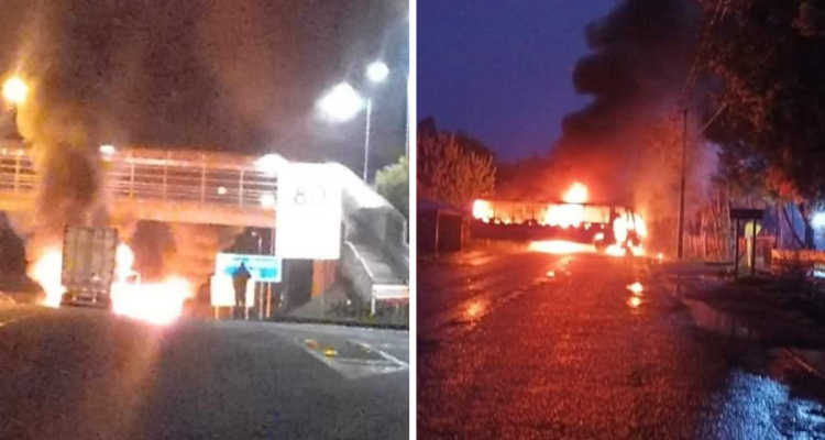 Dos ataques incendiarios simultáneos dejan un bus y camiones destruidos al norte de Collipulli