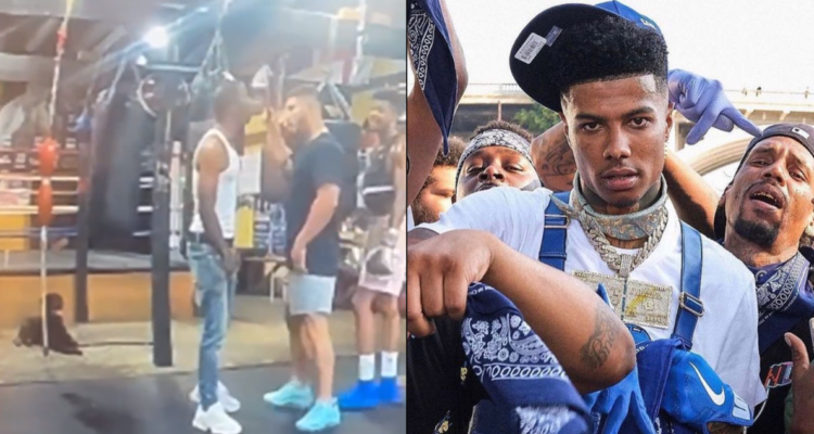 Captura de video del ataque (izquierda) al rapero Blueface (derecha)